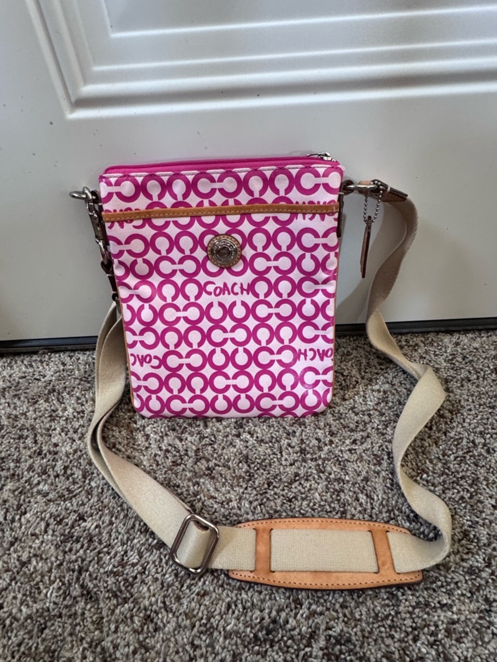 COACH Pink Signature Print Crossbody Bag with Canvas Strap